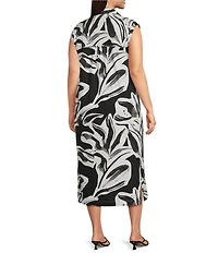 Westbound Plus Size Leaf Printed Y-Neck Button Front Collared Sleeveless A-Line Midi Dress