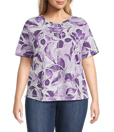 Westbound Plus Size Lilylake Floral Short Sleeve Slub Knit Crew Neck Top