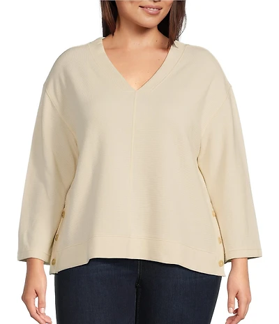 Westbound Plus Size Long Sleeve V-Neck Button Side Top