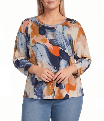 Westbound Plus Size Multi Painted Brushstroke 3/4 Sleeve Knit Crew Neck Top