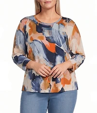 Westbound Plus Size Multi Painted Brushstroke 3/4 Sleeve Knit Crew Neck Top