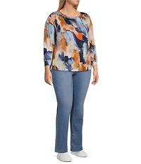 Westbound Plus Size Multi Painted Brushstroke 3/4 Sleeve Knit Crew Neck Top