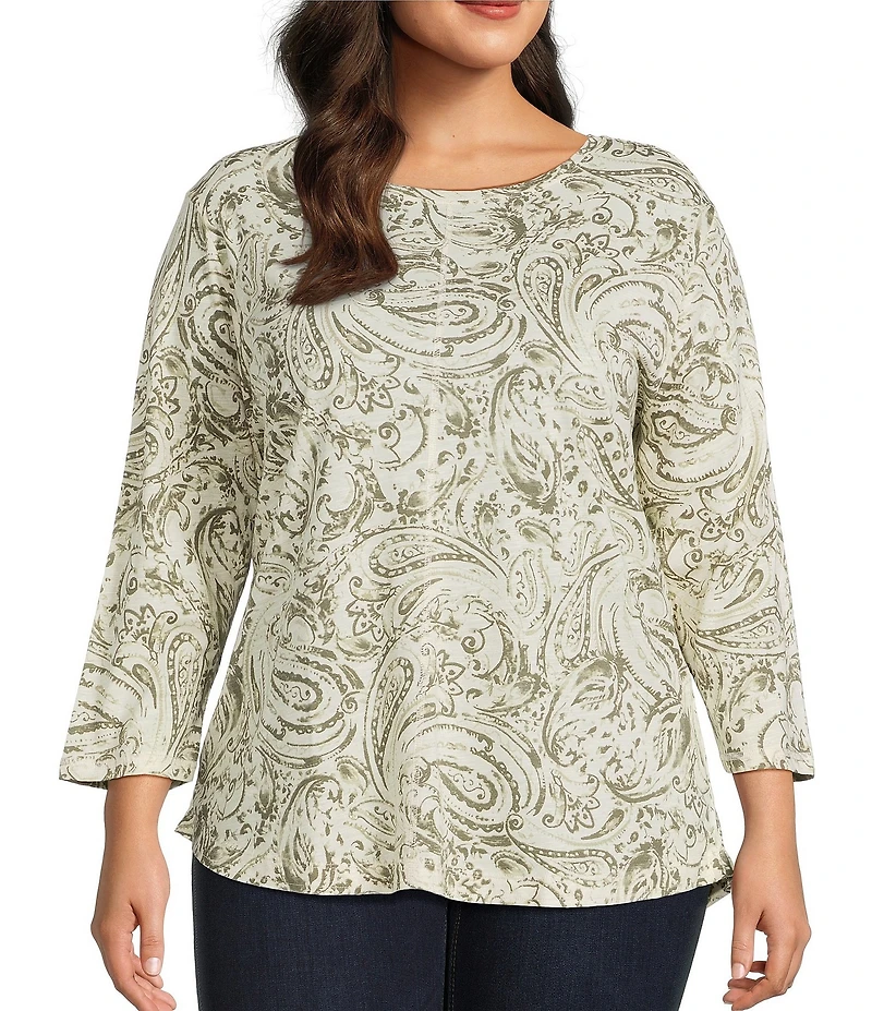 Westbound Plus Size Olive Paisley Swirl 3/4 Sleeve Crew Neck Knit Top