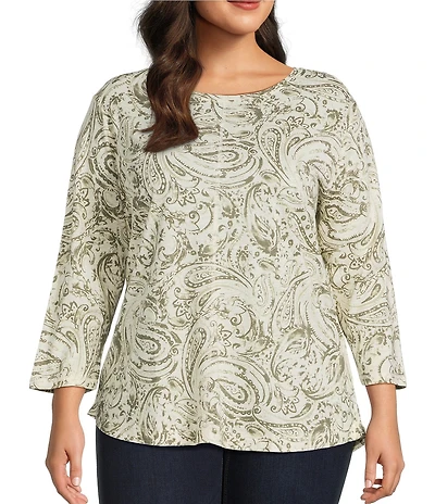 Westbound Plus Size Olive Paisley Swirl 3/4 Sleeve Crew Neck Knit Top
