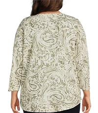 Westbound Plus Size Olive Paisley Swirl 3/4 Sleeve Crew Neck Knit Top