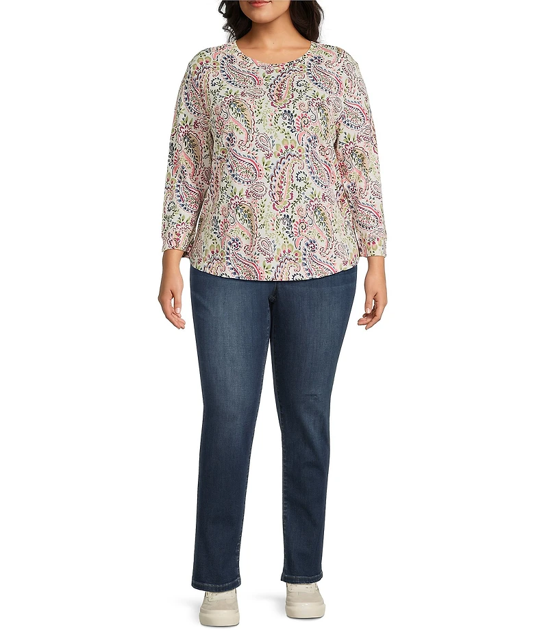 Westbound Plus Size Paisley Print 3/4 Sleeve Knit Crew Neck Top