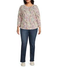Westbound Plus Size Paisley Print 3/4 Sleeve Knit Crew Neck Top