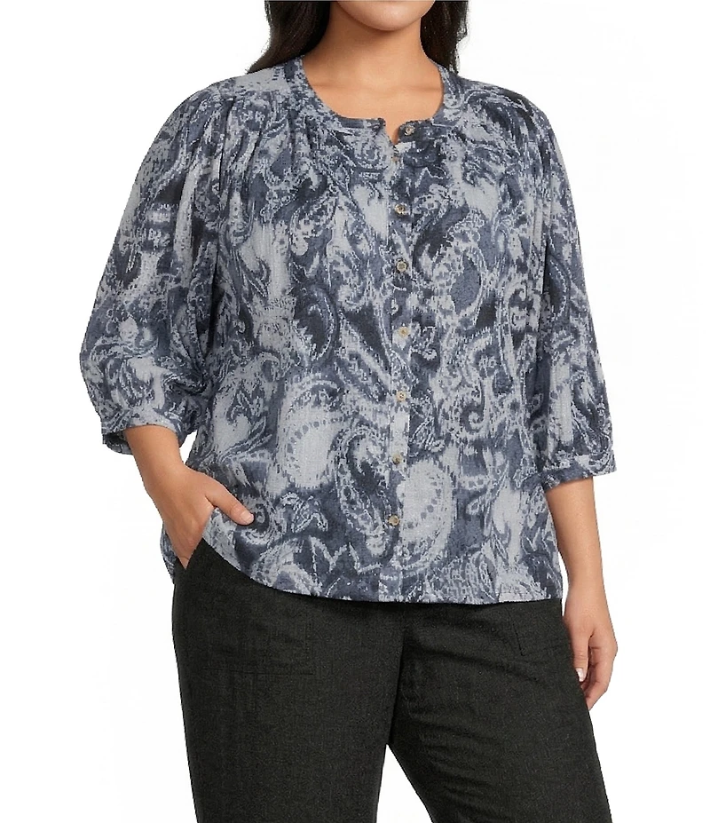 Westbound Plus Size Paisley Swirl V-Neck 3/4 Sleeve Button Front Top