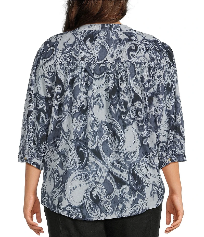 Westbound Plus Size Paisley Swirl V-Neck 3/4 Sleeve Button Front Top