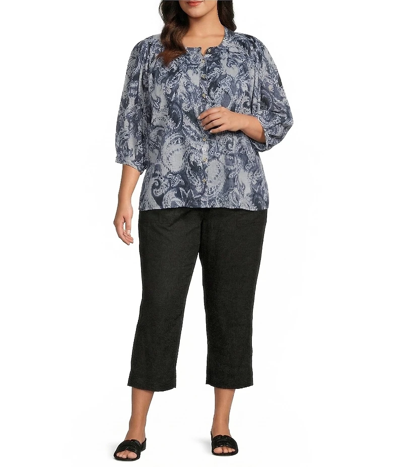 Westbound Plus Size Paisley Swirl V-Neck 3/4 Sleeve Button Front Top