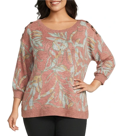 Westbound Plus Size Pink Sunset Leaf Knit Long Sleeve Button Shoulder Pullover Top