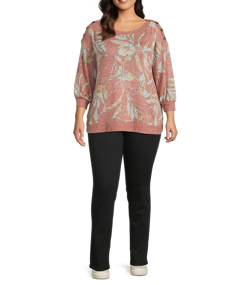 Westbound Plus Size Pink Sunset Leaf Knit Long Sleeve Button Shoulder Pullover Top
