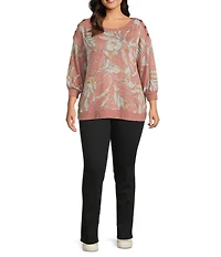 Westbound Plus Size Pink Sunset Leaf Knit Long Sleeve Button Shoulder Pullover Top
