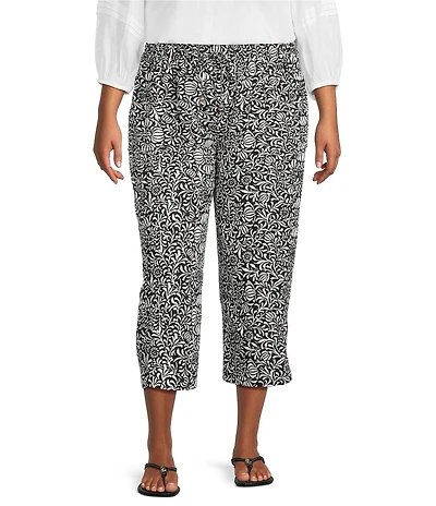 Westbound Plus Size Printed Linen Blend Pull On Crop Pants