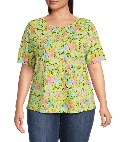 Westbound Plus Size Rain Floral Short Sleeve Slub Knit Crew Neck Top