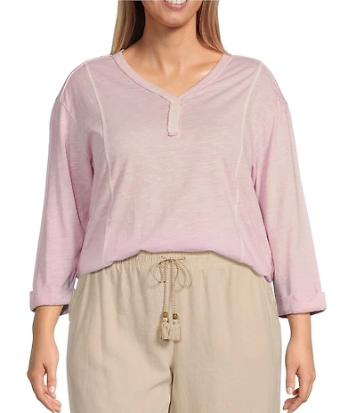 Westbound Plus Size Rolled 3/4 Sleeve Faux Henley Top