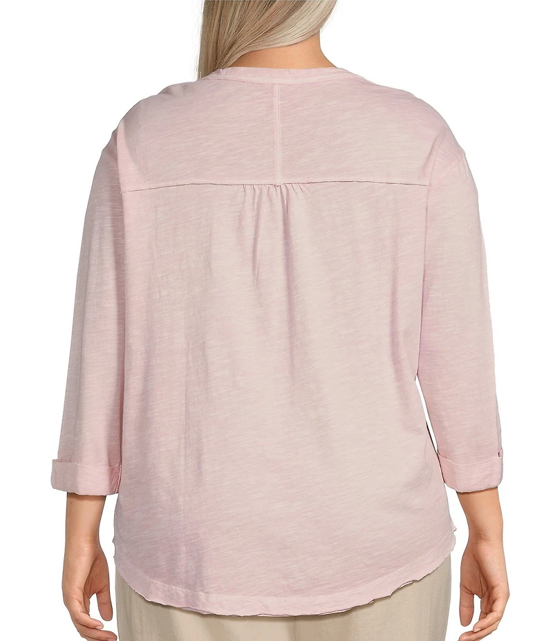 Westbound Plus Size Rolled 3/4 Sleeve Faux Henley Top