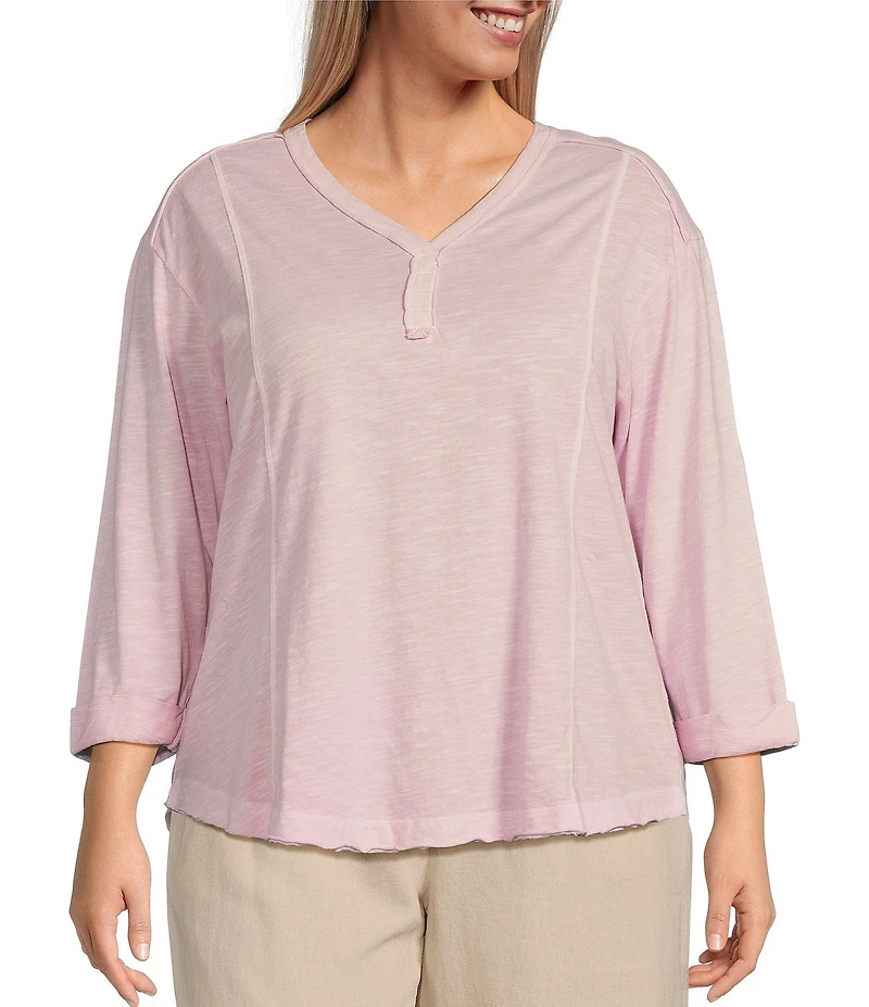 Westbound Plus Size Rolled 3/4 Sleeve Faux Henley Top