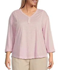 Westbound Plus Size Rolled 3/4 Sleeve Faux Henley Top