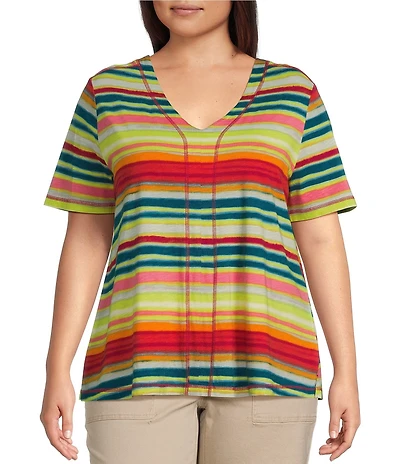 Westbound Plus Size Shimmering Stripe Short Short V-Neck Top