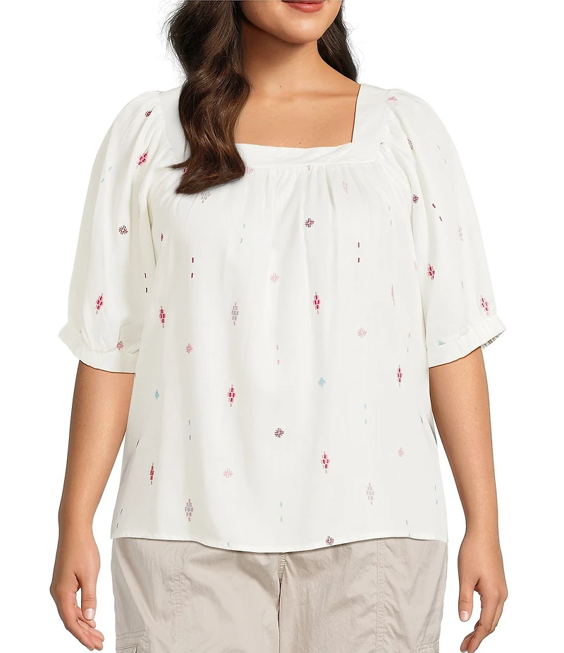 Westbound Plus Size Emroidered Short Sleeve Square Neck Top