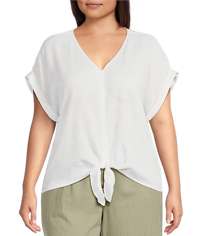 Westbound Plus Size Linen Blend Short Sleeve V-Neck Tie Front Top