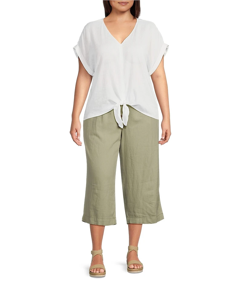 Westbound Plus Size Linen Blend Short Sleeve V-Neck Tie Front Top