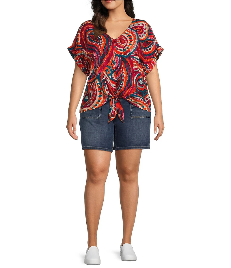 Westbound Plus Size Short Sleeve V-Neck Tie Front Top