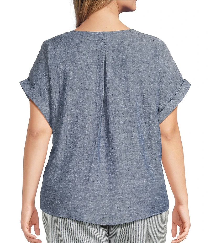 Westbound Plus Size Linen Blend Short Sleeve V-Neck Tie Front Top