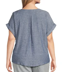 Westbound Plus Size Linen Blend Short Sleeve V-Neck Tie Front Top