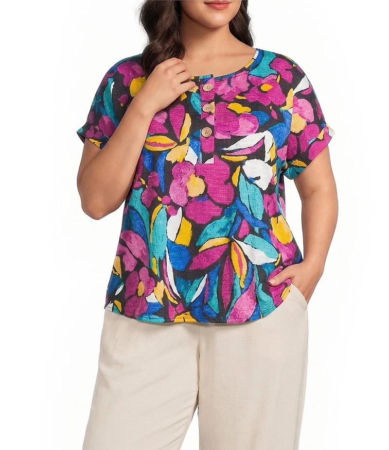 Westbound Plus Size Short Sleeve Y-Neck Henley Top