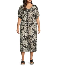Westbound Plus Size Sketched Palms Short Sleeve V-Neck Midi Dress