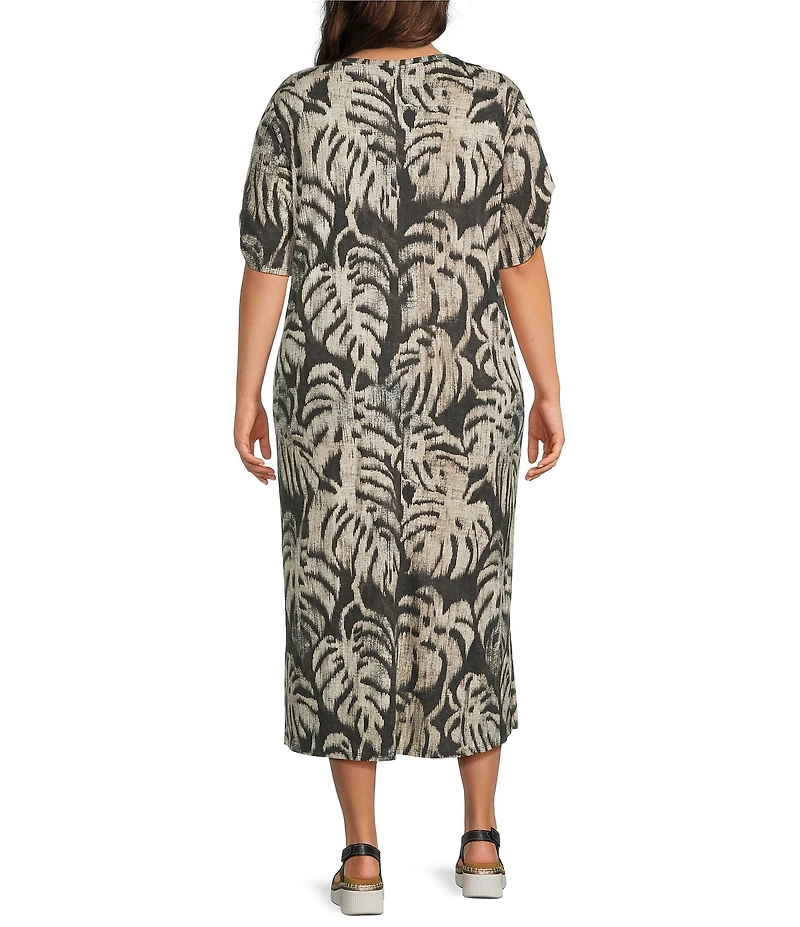 Westbound Plus Size Sketched Palms Short Sleeve V-Neck Midi Dress