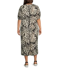 Westbound Plus Size Sketched Palms Short Sleeve V-Neck Midi Dress