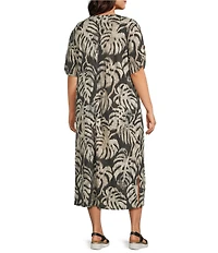 Westbound Plus Size Sketched Palms Short Sleeve V-Neck Midi Dress