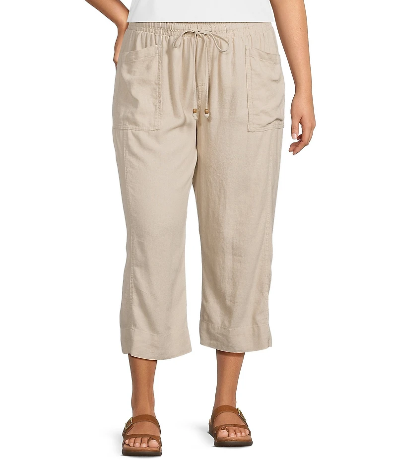 Westbound Plus Size Solid Pull On Linen Blend Crop Pants