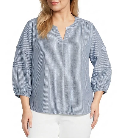 Westbound Plus Size Stripe Print 3/4 Sleeve V-Neck Top