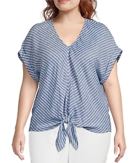 Westbound Plus Size Stripe Short Sleeve V-Neck Tie Front Top