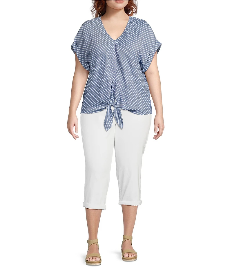 Westbound Plus Size Stripe Short Sleeve V-Neck Tie Front Top