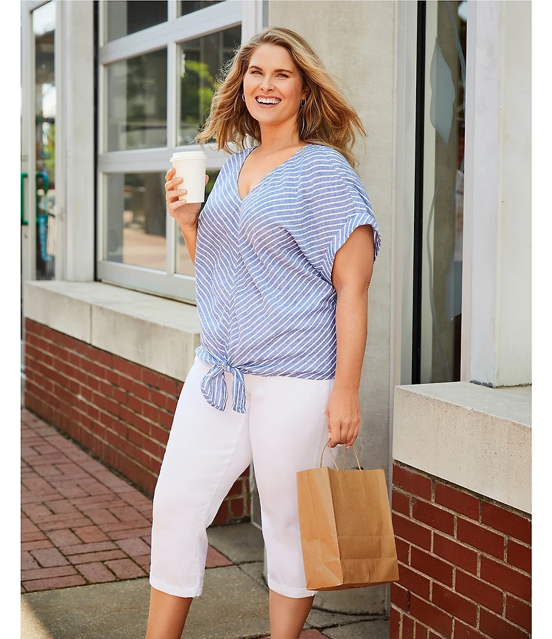 Westbound Plus Size Stripe Short Sleeve V-Neck Tie Front Top