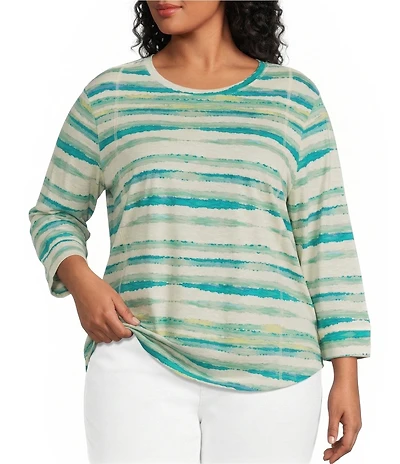 Westbound Plus Size Striped 3/4 Sleeve Knit Crew Neck Top