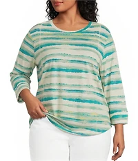 Westbound Plus Size Striped 3/4 Sleeve Knit Crew Neck Top