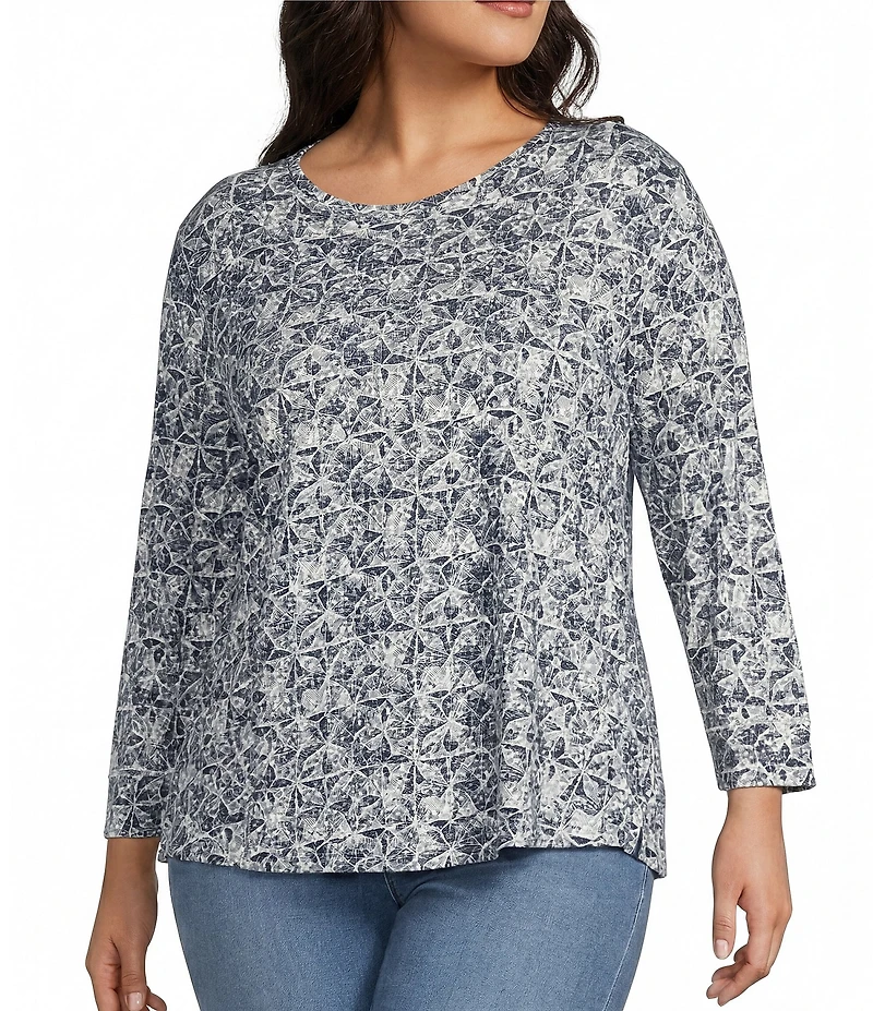 Westbound Plus Size Textured Geo 3/4 Sleeve Knit Crew Neck Top