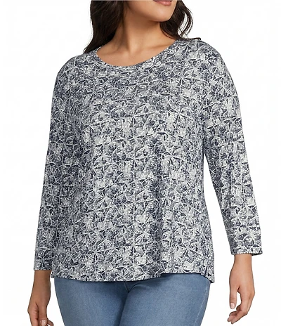 Westbound Plus Size Textured Geo 3/4 Sleeve Knit Crew Neck Top