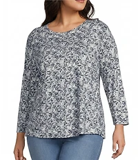 Westbound Plus Size Textured Geo 3/4 Sleeve Knit Crew Neck Top