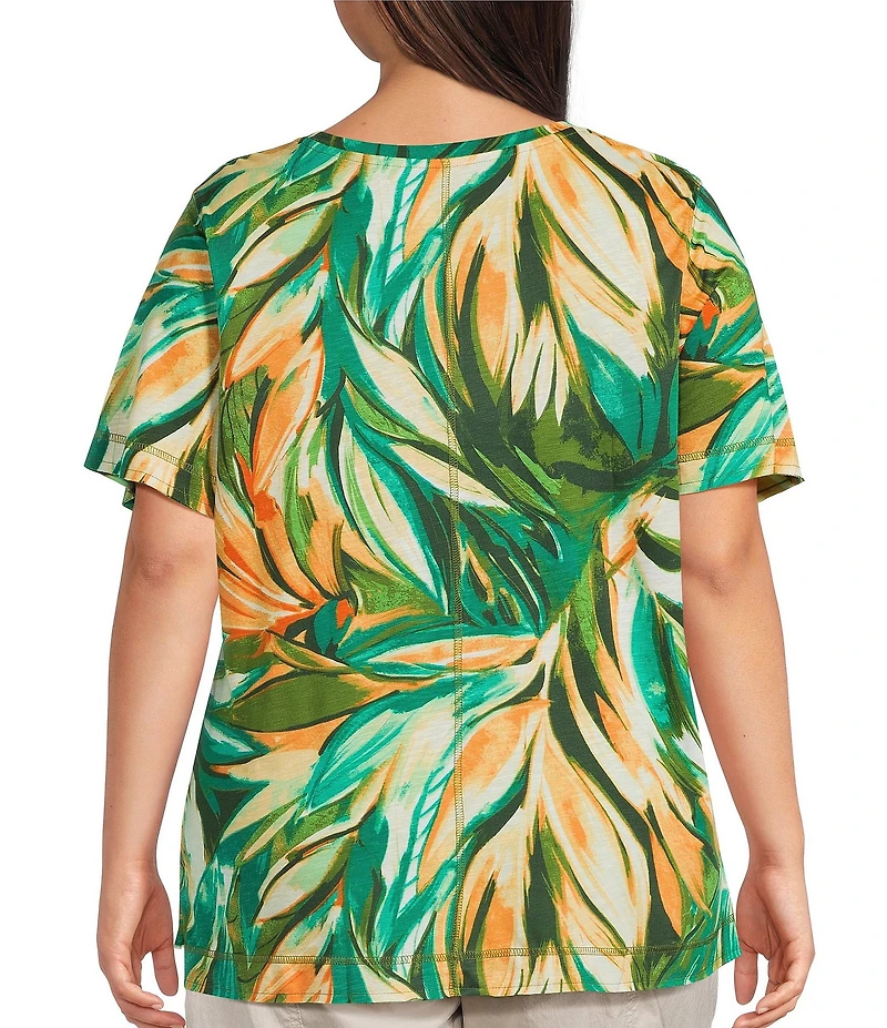 Westbound Plus Size Tropical Leaf Short Sleeve Crew Neck Top