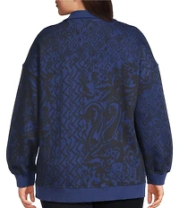 Westbound Plus Size Twilight Blue Paisley Patch Long Sleeve Quarter Zip Pullover