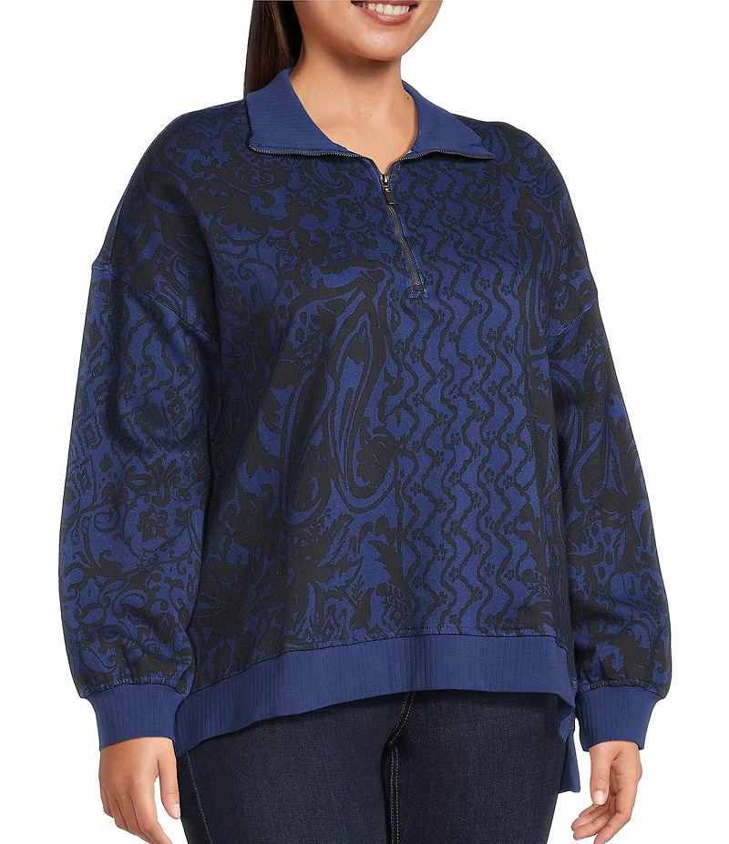 Westbound Plus Size Twilight Blue Paisley Patch Long Sleeve Quarter Zip Pullover
