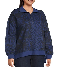 Westbound Plus Size Twilight Blue Paisley Patch Long Sleeve Quarter Zip Pullover
