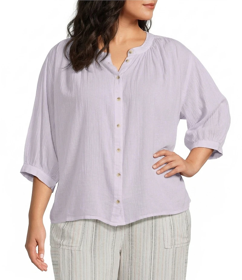 Westbound Plus Size Banded Collar 3/4 Sleeve Button Front Top
